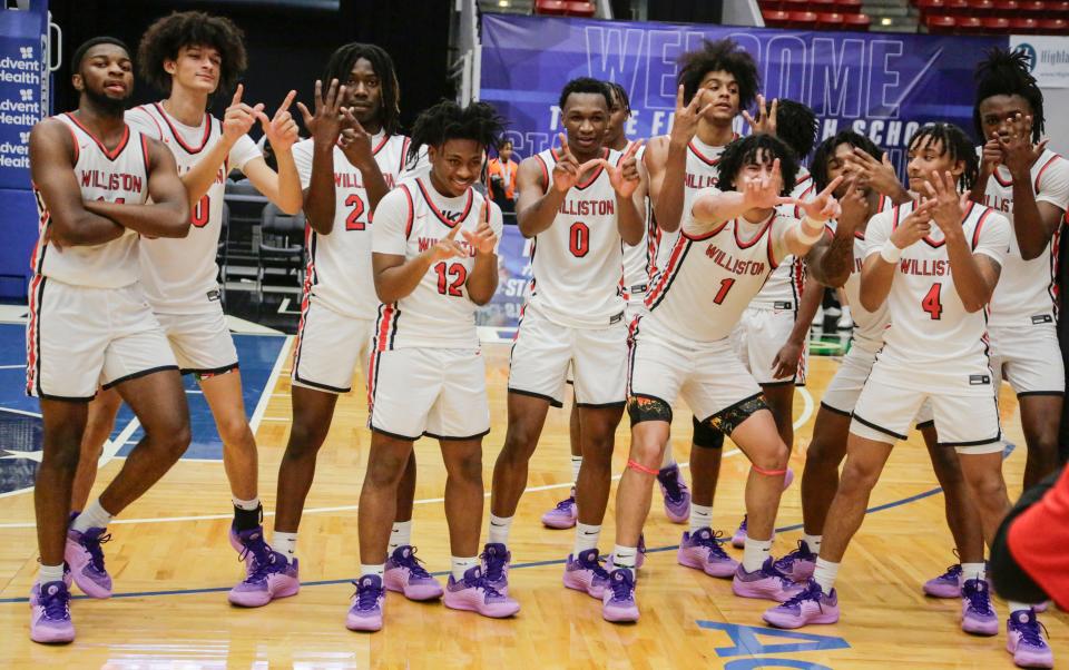 Williston player celebrate their win over Hilliard. Williston HS defeated Hilliard HS 61 to 53 at the FHSAA Boys 1A Championship at the RP Funding Center in Lakeland Fl. Saturday March 2nd 2024, 2024 Photo by Calvin Knight