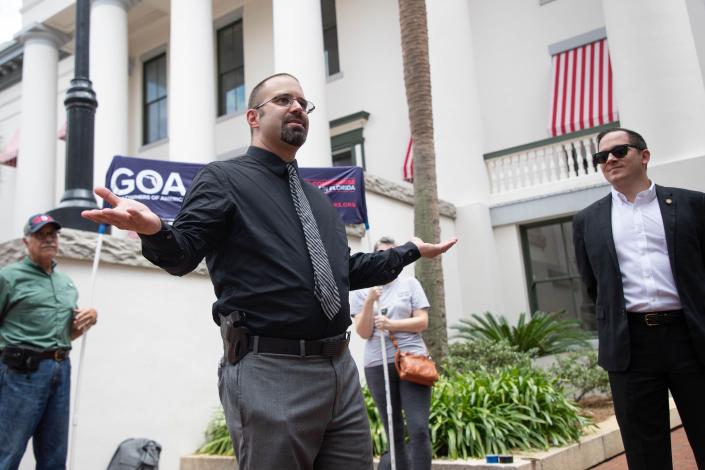 Gun Owners of America representative Luis Valdes speaks at a rally in support of making Florida a constitutional carry state at the Florida Capitol Monday, August 23, 2021.