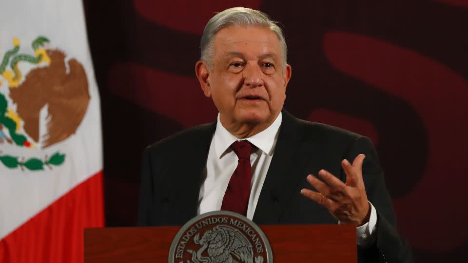 President Andres Manuel Lopez Obrador is speaking at the morning conference in front of reporters at the National Palace in Mexico City, Mexico, on April 3, 2024. - Solrac Santiago/NurPhoto/Getty Images