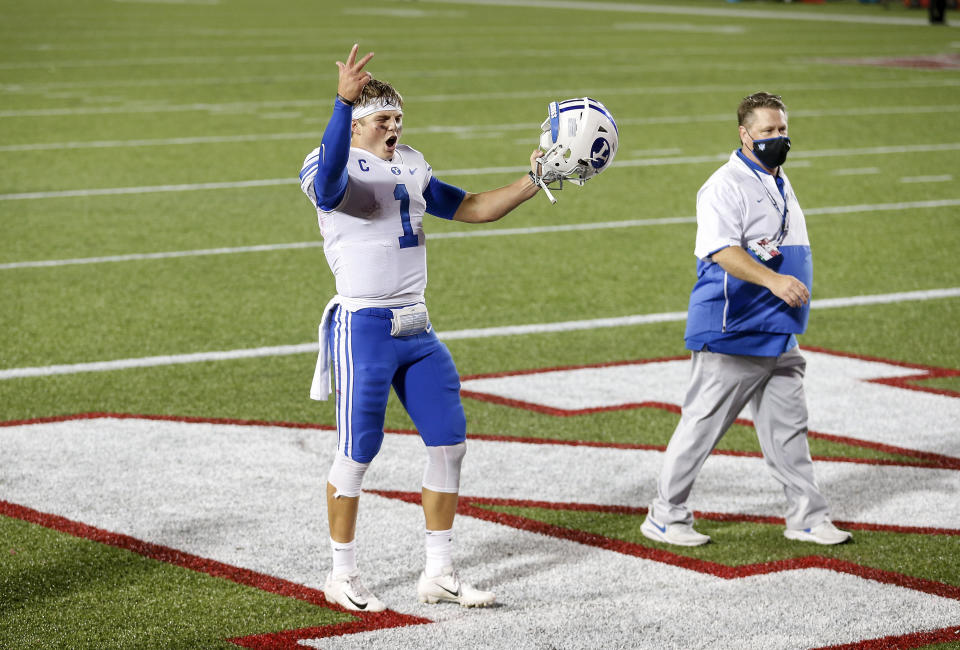 BYU Cougars QB Zach Wilson celebrates after a game against the Houston Cougars on Oct. 16, 2020. (Tim Warner/Getty Images)