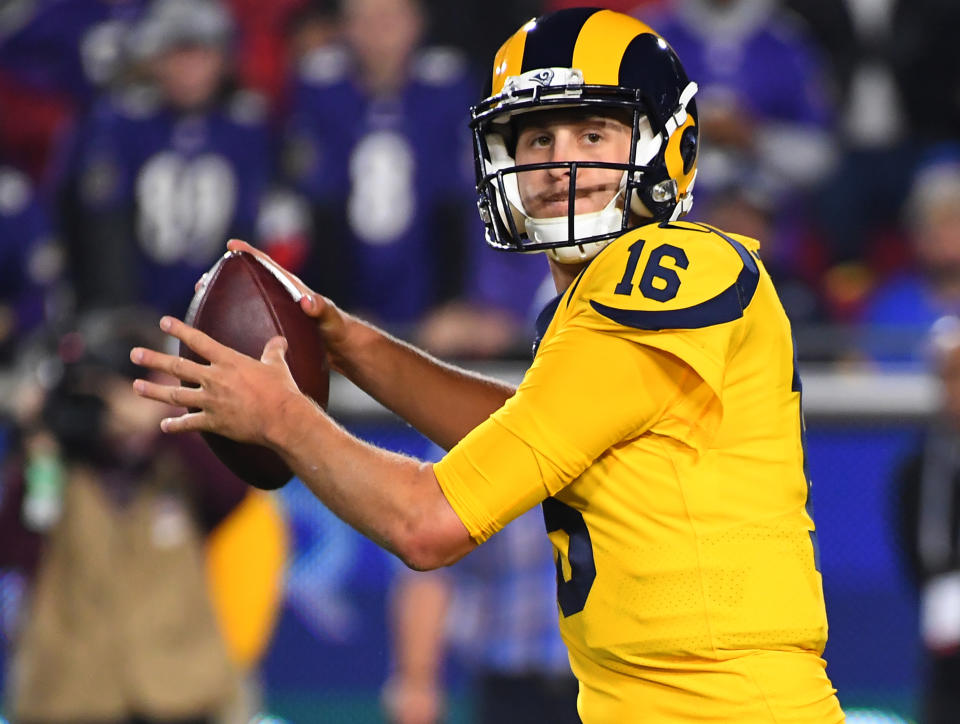 LOS ANGELES, CA - NOVEMBER 25: Jared Goff #16 of the Los Angeles Rams sets to pass in the game against the Baltimore Ravens at the Los Angeles Memorial Coliseum on November 25, 2019 in Los Angeles, California. (Photo by Jayne Kamin-Oncea/Getty Images)