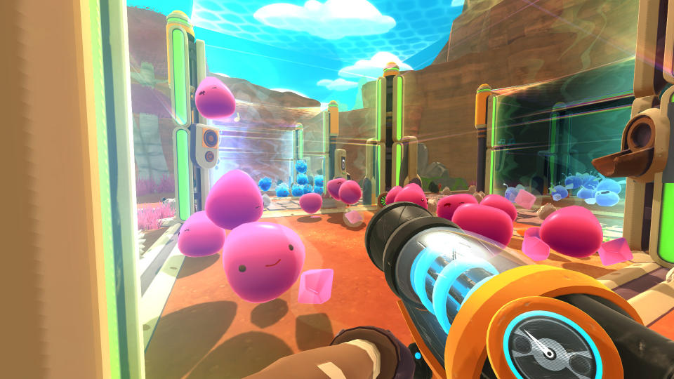 Slimes rushing into the distance away from the grabber in Slime Rancher