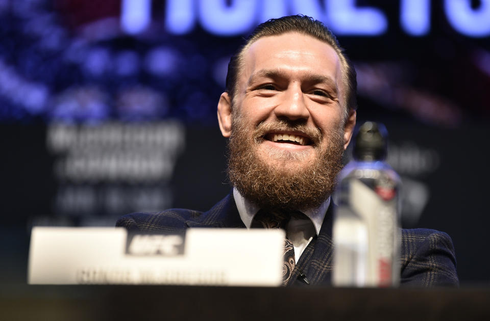 LAS VEGAS, NEVADA - JANUARY 15: Conor McGregor of Ireland interacts with the crowd during the UFC 246 press conference at Pearl Theater at the Palms Casino Resort on January 15, 2020 in Las Vegas, Nevada. (Photo by Chris Unger/Zuffa LLC via Getty Images)