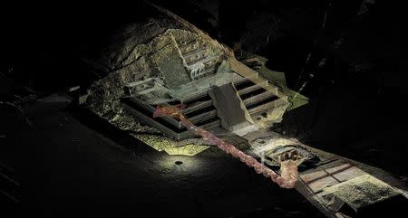 An undated graphic shows the tunnel that may lead to a royal tombs discovered underneath the Quetzalcoatl temple in the ancient city of Teotihuacan in this October 29, 2014. REUTER/INAH/Files/Handout via Reuters.