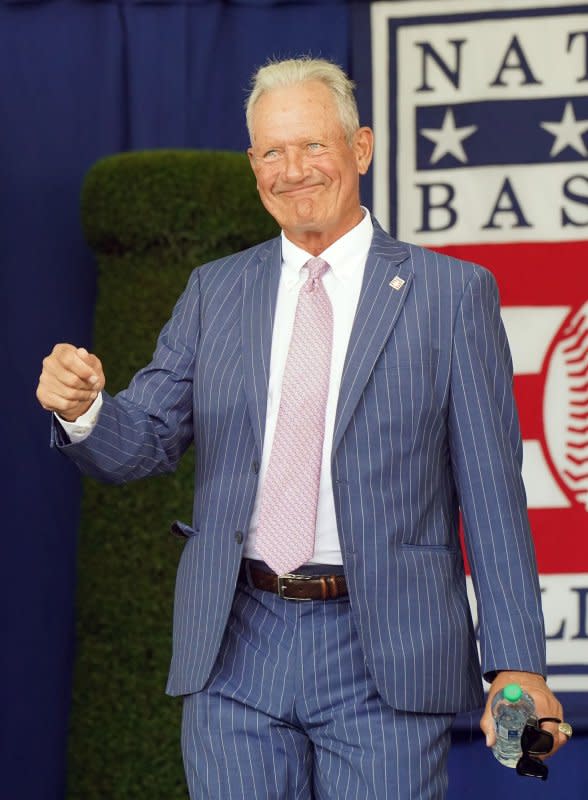 National Baseball Hall of Fame member George Brett enters the stage for induction ceremonies in Cooperstown, N.Y., on July 23. Brett turns 71 on May 15. File Photo by Bill Greenblatt/UPI