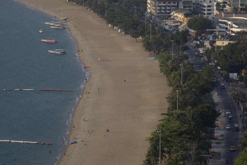 Scenes from above show a quiet Pattaya beach, normally packed with tourists, in Pattaya, Thailand on March 11, 2020. Tourist arrivals have plunged more than 50% and are expected to continue for months ahead in Thailand. (Photo by Paula Bronstein/Getty Images)