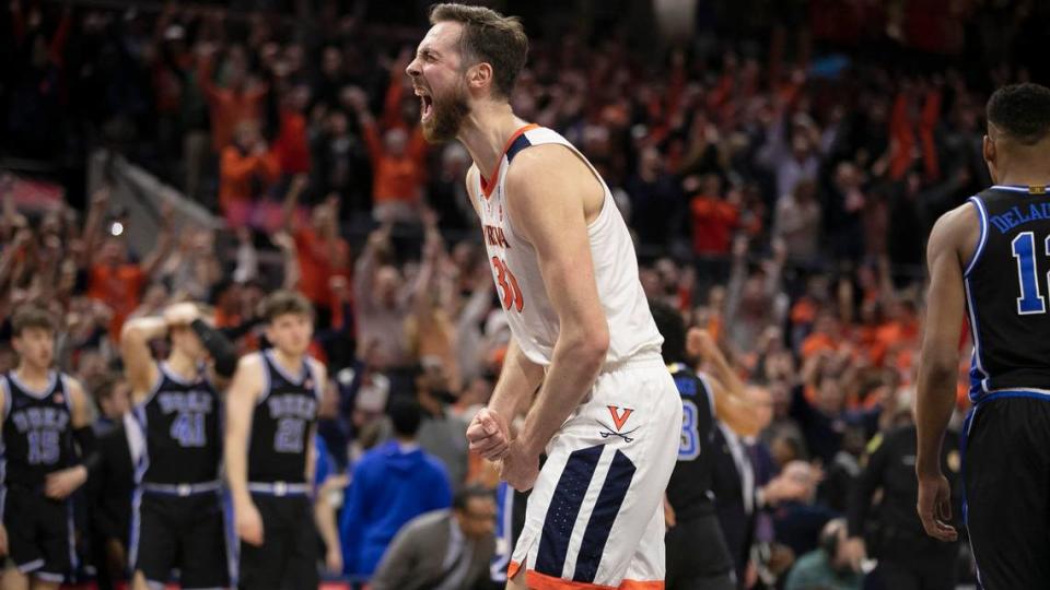 Virginia’s Jay Huff (30) reacts as time expires and the Cavaliers relish in their 52-50 victory over Duke on Saturday, February 29, 2020 at John Paul Jones Arena in Charlottesville, Va. Huff lead Virginia with 15 points.