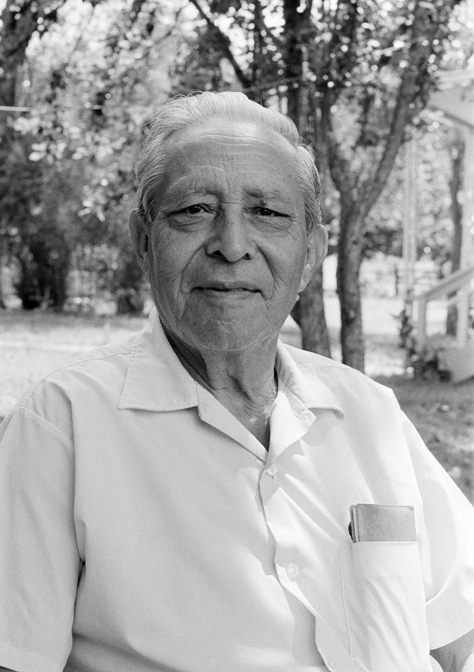 Former Texas election judge, Luis Salas, who played a key role in the 1948 Senate race between former Gov. Coke Stevenson and Rep. Lyndon B. Johnson, is shown in Alice, Texas, July 18, 1977. (AP Photo/Ed Kolenovsky)