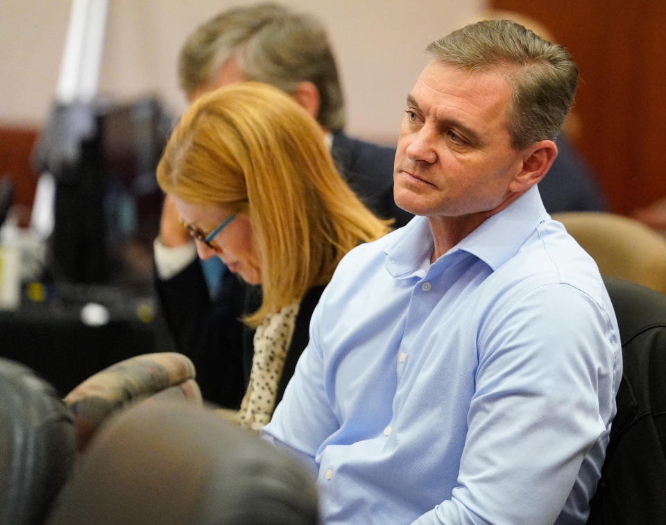 Leslie Comardelle, former Arkema manager in Crosby, listens during the Arkema Inc. criminal trial at Harris County Criminal Courthouse, Thursday, Feb. 27, 2020, in Houston. Arkema Inc., a subsidiary of a French chemical manufacturer, along with three senior staff members are on trial over a fire at the Houston-area chemical plant that was overwhelmed by Hurricane Harvey's flooding in 2017. (Melissa Phillip/Houston Chronicle via AP)