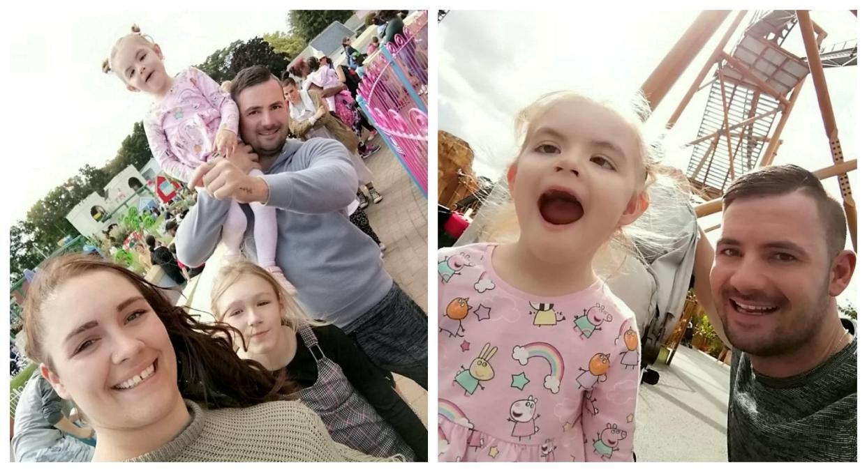 Lola Sheldon (pictured here with her mum Carly, sister Brooke and dad Luke) had to be taken to hospital after a trip to Peppa Pig World (SWNS)