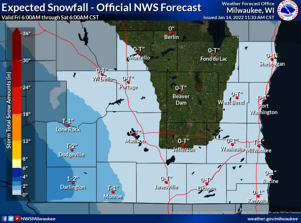 Light snow is expected across areas of Wisconsin on Friday, but the heaviest snow will fall to the west of the Badger state.