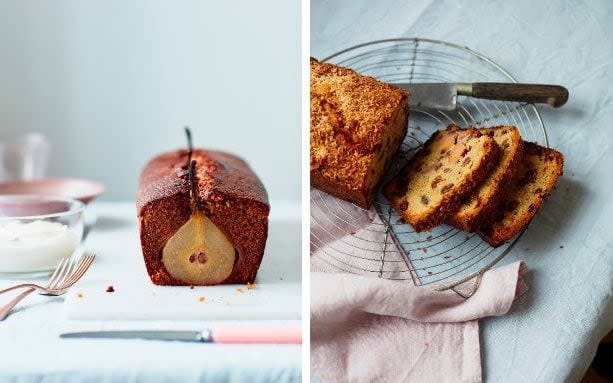 Left, hidden pear, sticky ginger and date loaf cake; right, spiced roast persimmon and Earl Grey tea loaf