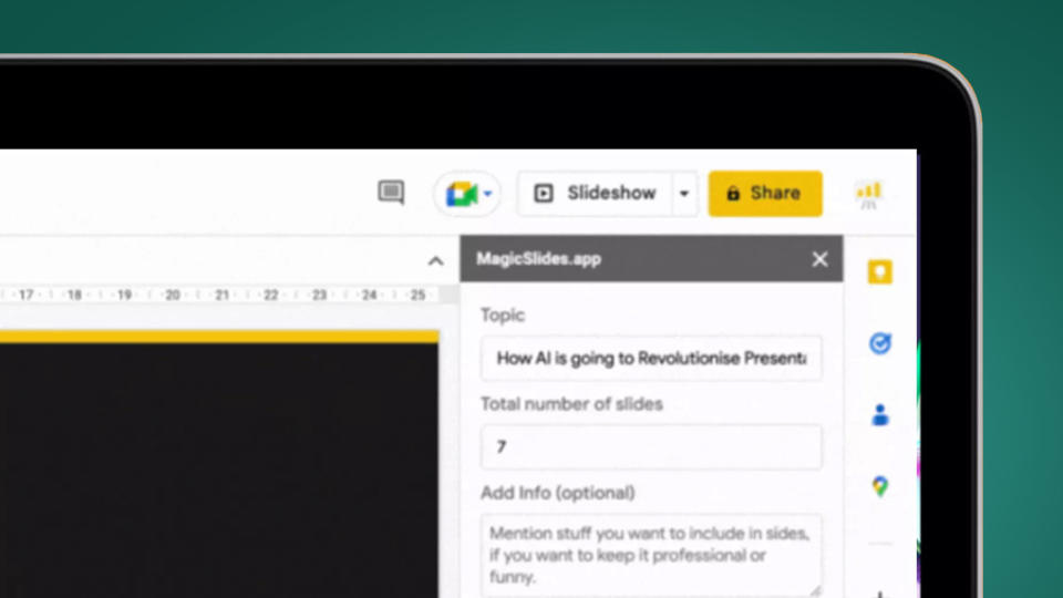 A laptop screen showing the MagicSlides Chrome extension for Google Slides