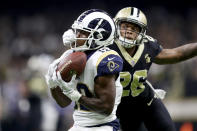 <p>Brandin Cooks #12 of the Los Angeles Rams catches a 36 yard pass against P.J. Williams #26 of the New Orleans Saints during the second quarter in the NFC Championship game at the Mercedes-Benz Superdome on January 20, 2019 in New Orleans, Louisiana. (Photo by Jonathan Bachman/Getty Images) </p>