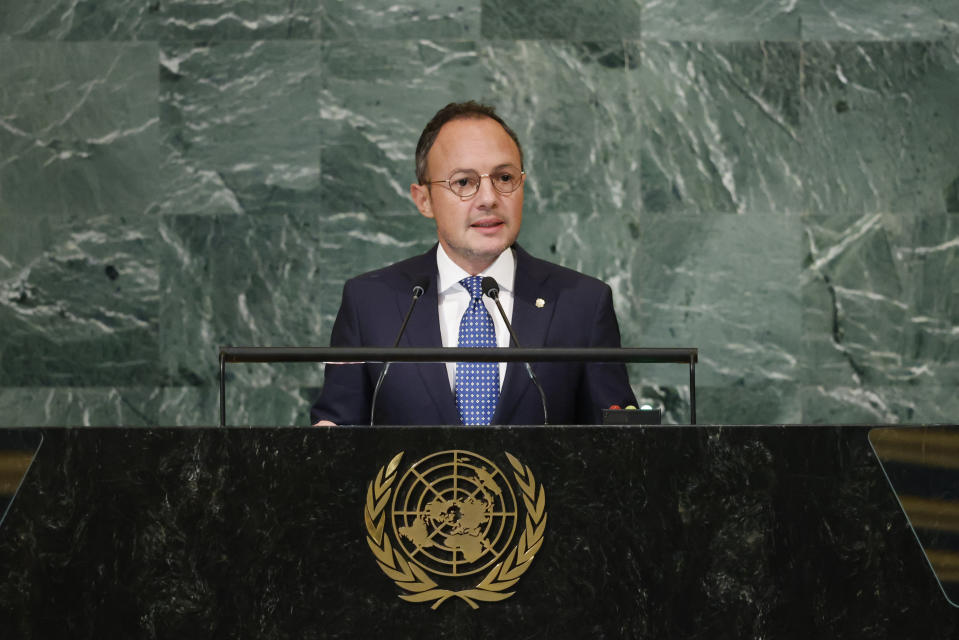 Prime Minister of Andorra Xavier Espot Zamora addresses the 77th session of the United Nations General Assembly, at U.N. headquarters, Friday, Sept. 23, 2022. (AP Photo/Jason DeCrow)