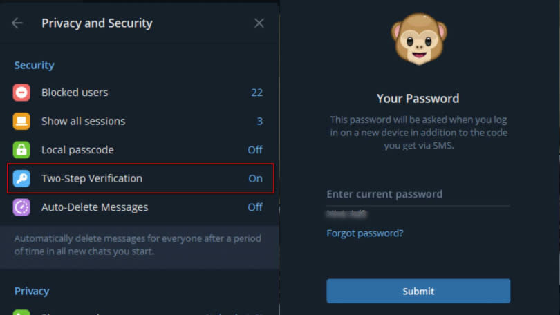開啟兩步驟驗證可以有效避免帳號遭盜盜取。（圖／翻攝自Telegram）