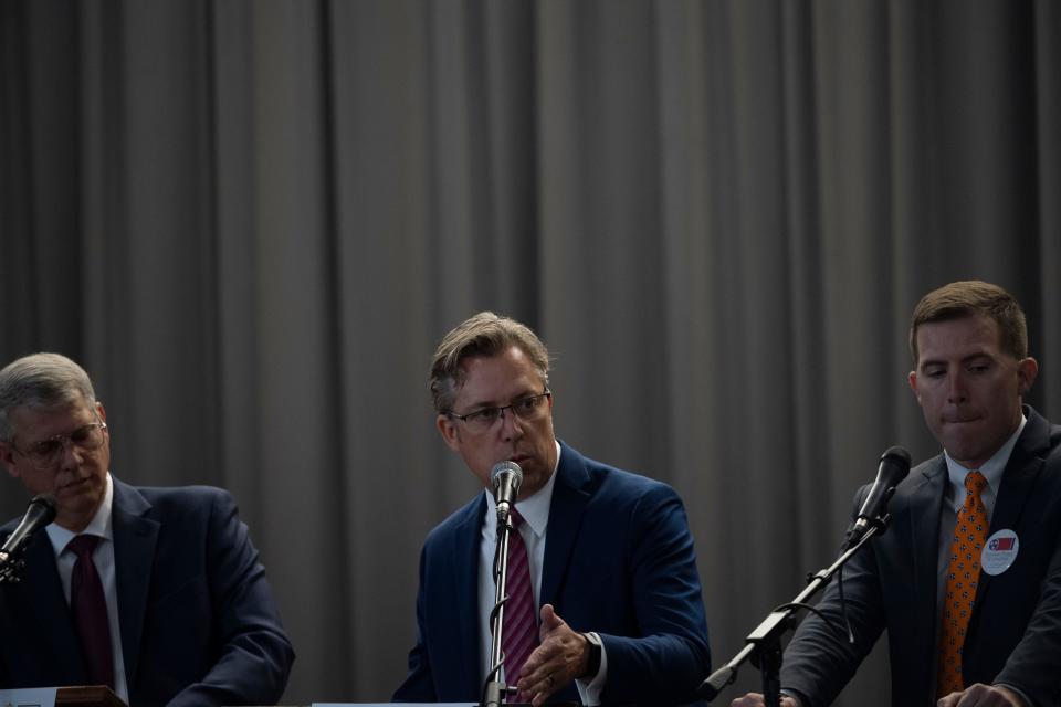 Andy Ogles answers questions during a debate between the Republican congressional candidates for 5th district at the Memorial Building in Columbia, Tenn., Monday, June 27, 2022.