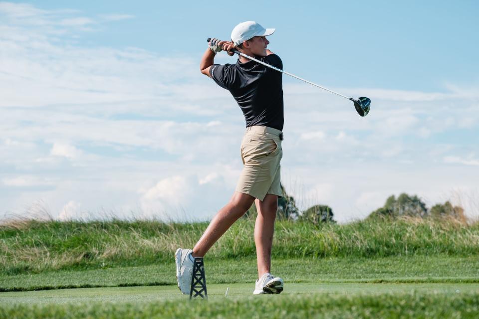 Lucas Yoder drives  during the Pirate Invitational Golf Tournament, Friday, Aug. 5 at Black Gold Golf Course in Sugarcreek.