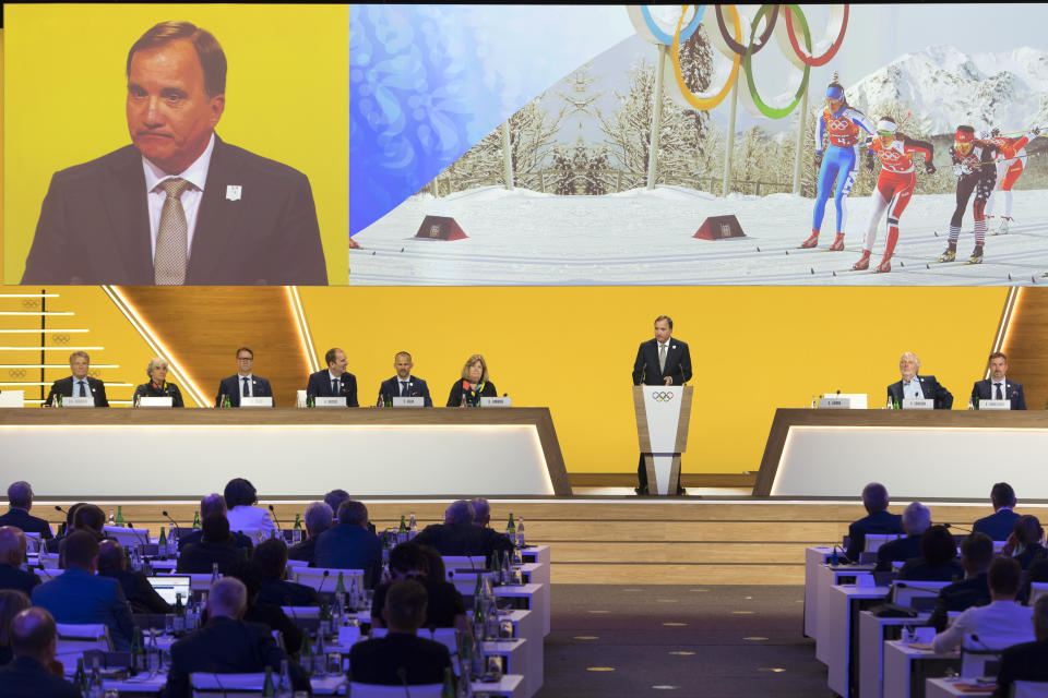 Sweden's Prime Minister Stefan Lofven speaks during the presentation final presentation of the Stockholm-Are candidate cities the first day of the 134th Session of the International Olympic Committee (IOC), at the SwissTech Convention Centre, in Lausanne, Switzerland, Monday, June 24, 2019. The host city of the 2026 Olympic Winter Games will be decided during the134th IOC Session. Stockholm-Are in Sweden and Milan-Cortina in Italy are the two candidate cities for the Olympic Winter Games 2026. (Laurent Gillieron/Keystone via AP)