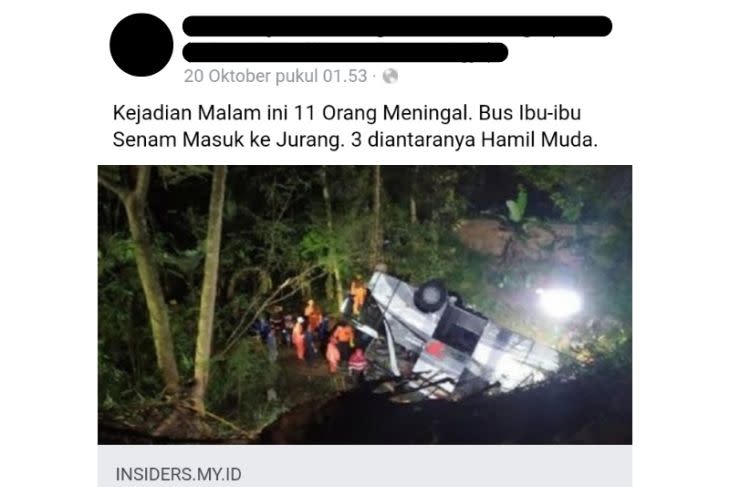 Unggahan hoaks yang menyatakan foto peristiwa kecelakaan bus masuk jurang berlokasi di Aceh Tengah. Faktanya, perisitwa itu terjadi di Sumedang, Jawa Barat. (Facebook)