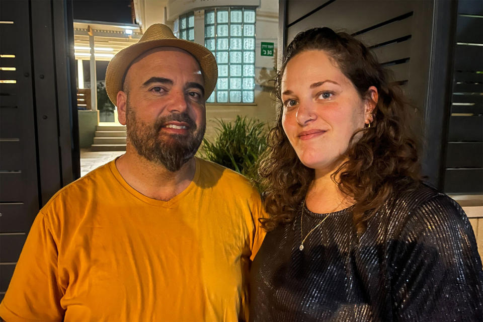 Efrat and Yhonatan Bitton outside their government-provided housing in Afula, northern Israel. (Alexander Smith / NBC News)