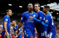 Britain Football Soccer - Manchester United v Leicester City - Barclays Premier League - Old Trafford - 1/5/16 Leicester City's Wes Morgan celebrates scoring their first goal Reuters / Darren Staples