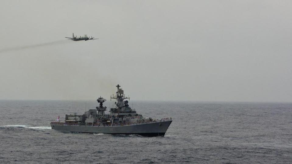An Il-38SD makes a low-level pass during air-power demonstrations during Prime Minister Narendra Modi’s visit to the aircraft carrier INS <em>Vikramaditya</em>, in June 2014. <em>Indian Navy</em>