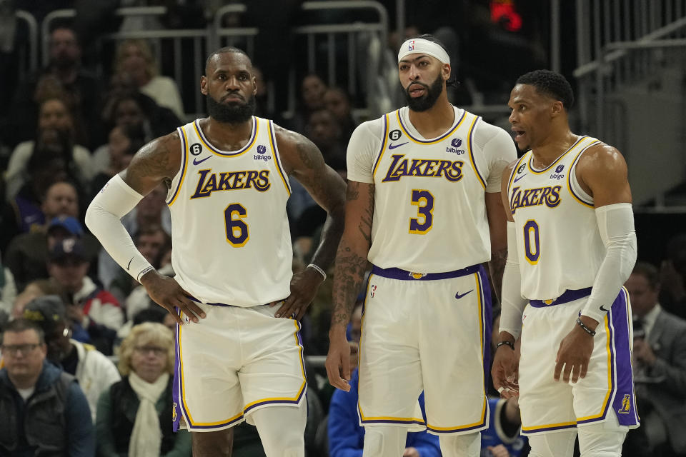 前洛杉磯湖人三巨頭，LeBron James、Anthony Davis及Russell Westbrook。（NBA Photo by Patrick McDermott/Getty Images）