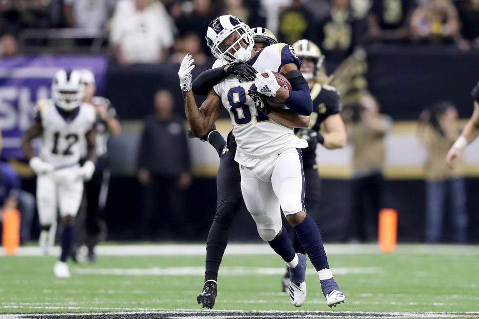 <p>Gerald Everett #81 of the Los Angeles Rams catches a pass against the New Orleans Saints during the fourth quarter in the NFC Championship game at the Mercedes-Benz Superdome on January 20, 2019 in New Orleans, Louisiana. (Photo by Streeter Lecka/Getty Images) </p>