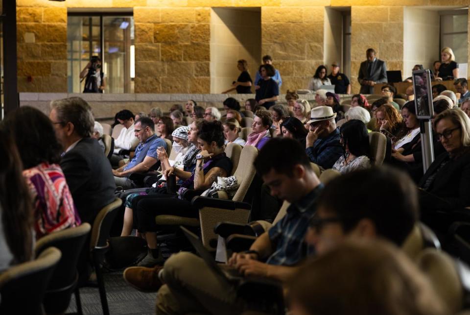 Hundreds of people attend the Austin city council meeting in person and online on Thursday, May 16, 2024 in Austin. The room was full of people who were either in support of or against various zoning restrictions in response to the affordable housing crisis.
