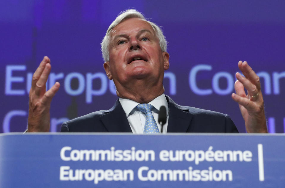 European Union chief Brexit negotiator Michel Barnier speaks during a media conference after Brexit trade talks between the EU and the UK, in Brussels, Friday, Aug. 21, 2020. (Yves Herman, Pool Photo via AP)