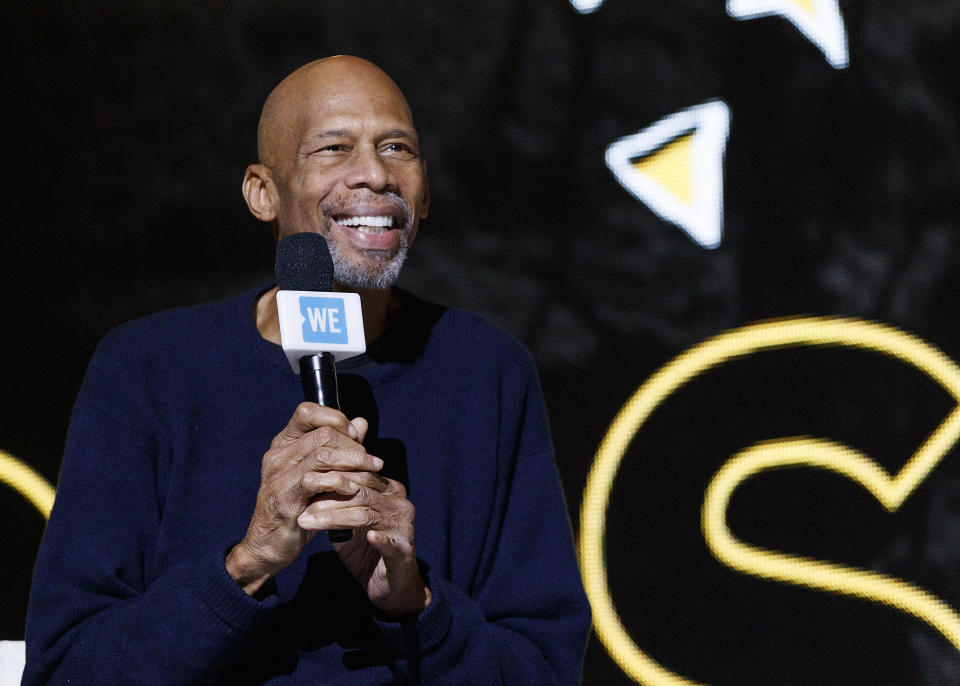 Kareem Abdul-Jabbar speaks on stage during 'WE Day Vancouver' at Rogers Arena on November 19, 2019 in Vancouver, Canada. (Photo by Andrew Chin/Getty Images)