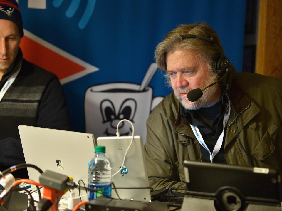 Breitbart News Daily host Stephen K. Bannon live on air at SiriusXM Broadcasts' New Hampshire Primary Coverage Live From Iconic Red Arrow Diner on February 8, 2016 in Manchester, New Hampshire.