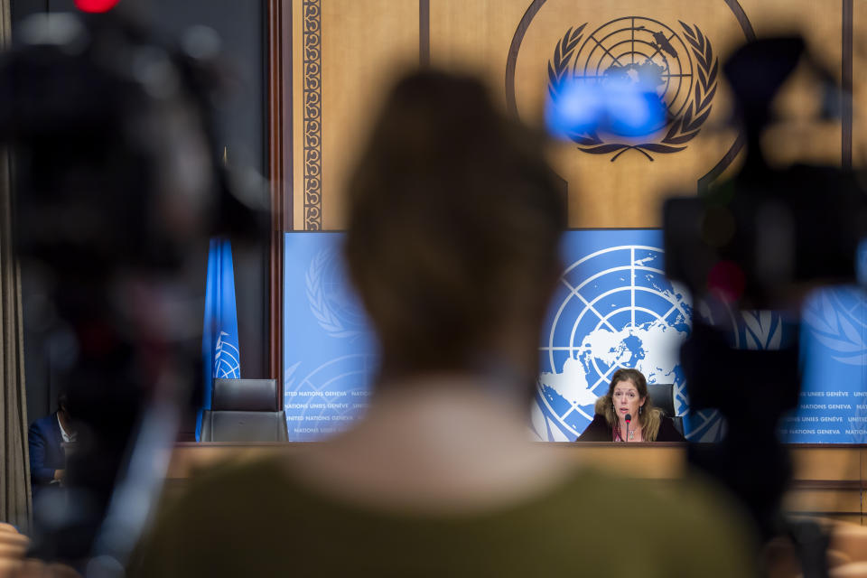 Stephanie Williams, Acting Special Representative of the Secretary-General and Head of the United Nations Support Mission in Libya, speaks about the fourth round of the 5+5 Libyan Joint Military Commission, during a press conference at the European headquarters of the United Nations in Geneva, Switzerland, Monday, Oct. 21, 2020. (Martial Trezzini/Keystone via AP)