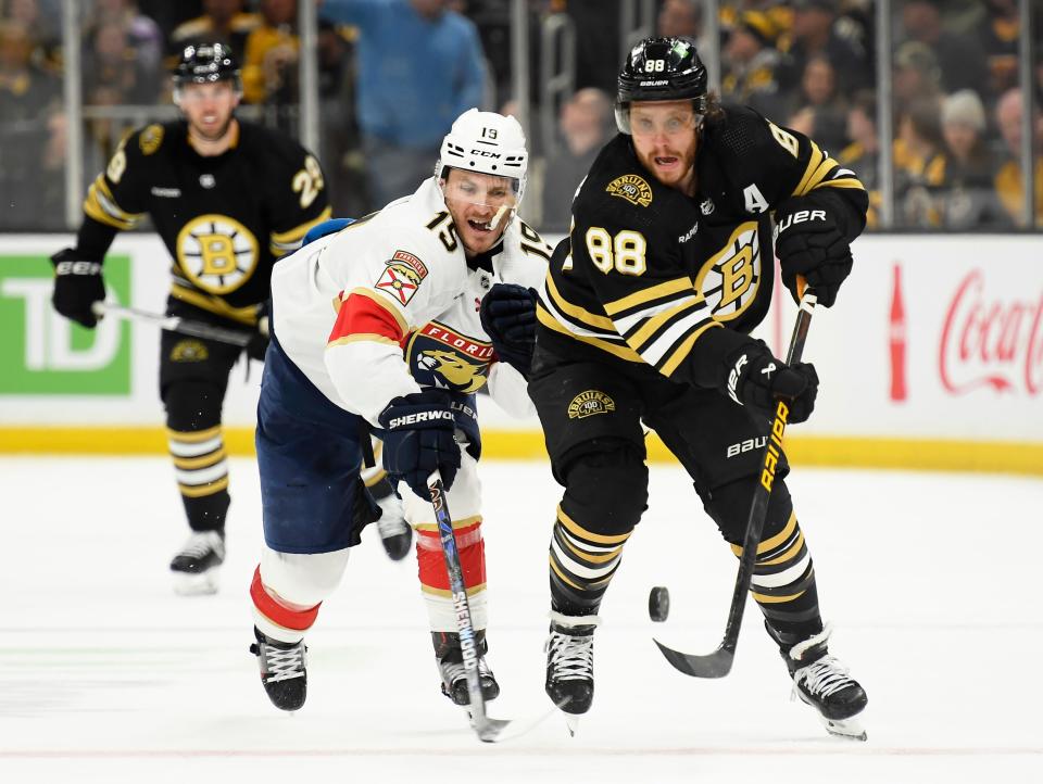 Boston Bruins right wing David Pastrnak (88) and Florida Panthers left wing Matthew Tkachuk (19) will go against each other in the second round.