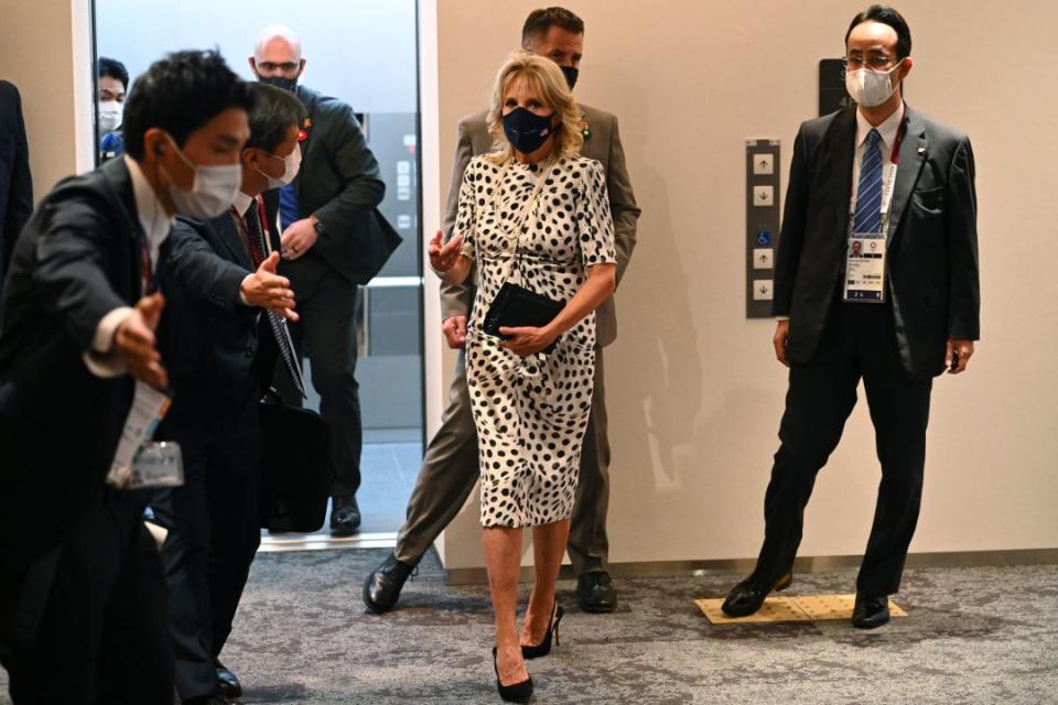 First lady of the United States Jill Biden arrives for the opening ceremony in the Olympic Stadium at the 2020 Summer Olympics, Friday, July 23, 2021, in Tokyo, Japan. - Credit: AP