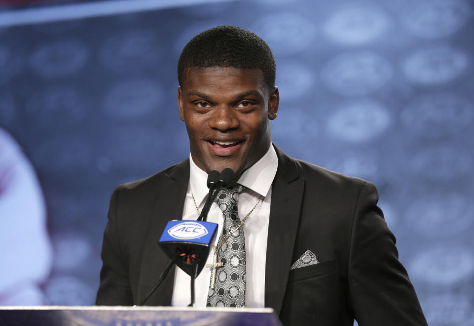 Louisville’s Lamar Jackson answers a question during ACC media days on July 13. (AP)