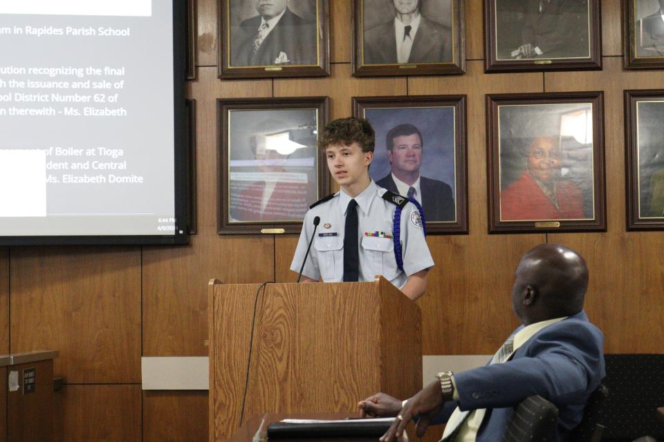 Bolton High School U.S. Air Force JROTC Cadet William Seeling speaks Tuesday about how the program has improved his own life.