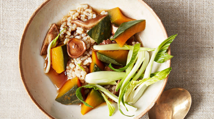 brown rice bowl with squash and shiitakes