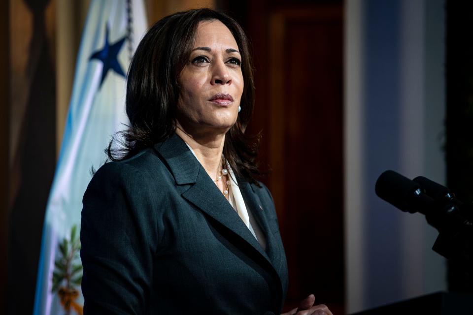 Vice President Kamala Harris, seen here on April 22, responded Thursday to Sen. Tim Scott's assertion that America isn't racist.