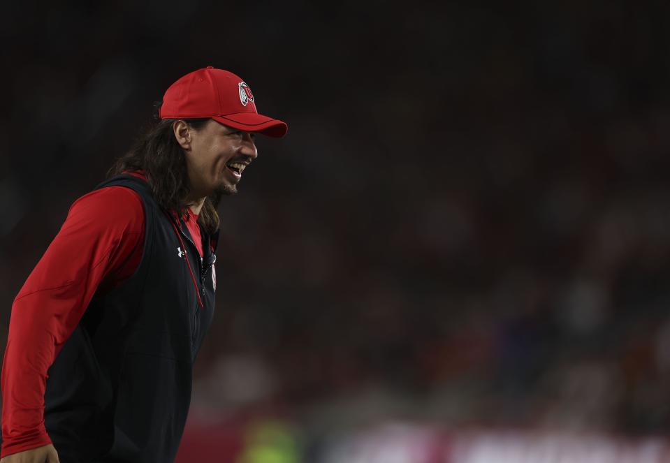 Utah’s Cam Rising celebrates after a play against the USC Trojans at the Los Angeles Memorial Coliseum on Saturday, Oct. 21, 2023. | Laura Seitz, Deseret News