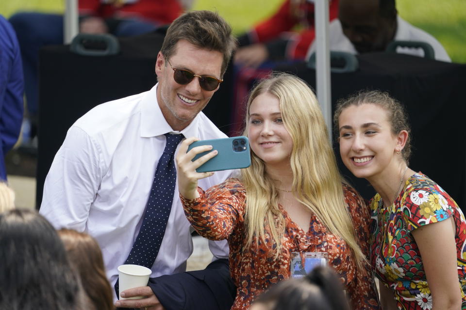 Tampa Bay Buccaneers quarterback Tom Brady poses for a photo after ceremony on the South Lawn of the White House, in Washington, Tuesday, July 20, 2021, where President Joe Biden honored the Super Bowl Champion Tampa Bay Buccaneers for their Super Bowl LV victory. (AP Photo/Andrew Harnik)