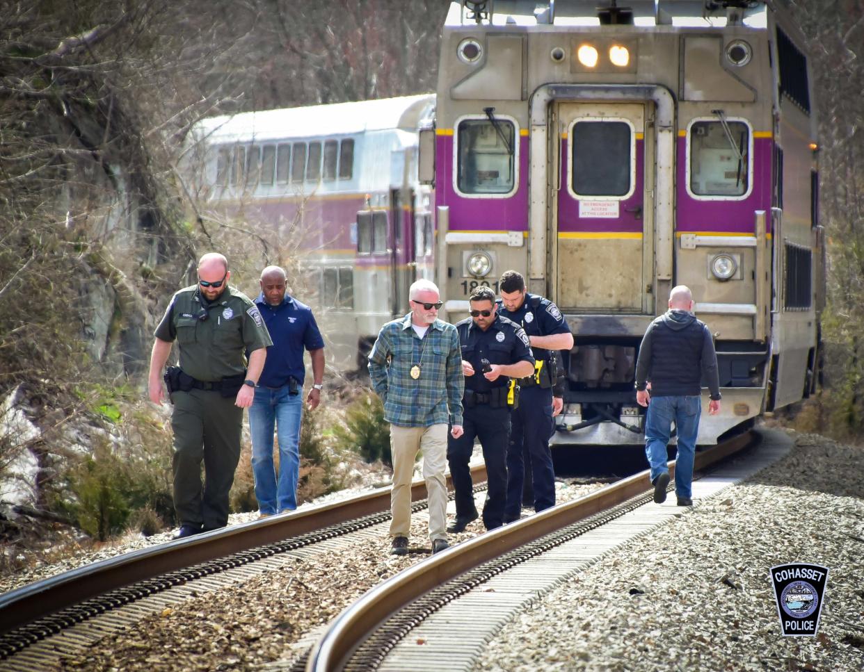 A commuter rail train going through Cohasset on Tuesday morning was forced to stop to avoid hitting a woman on the tracks.