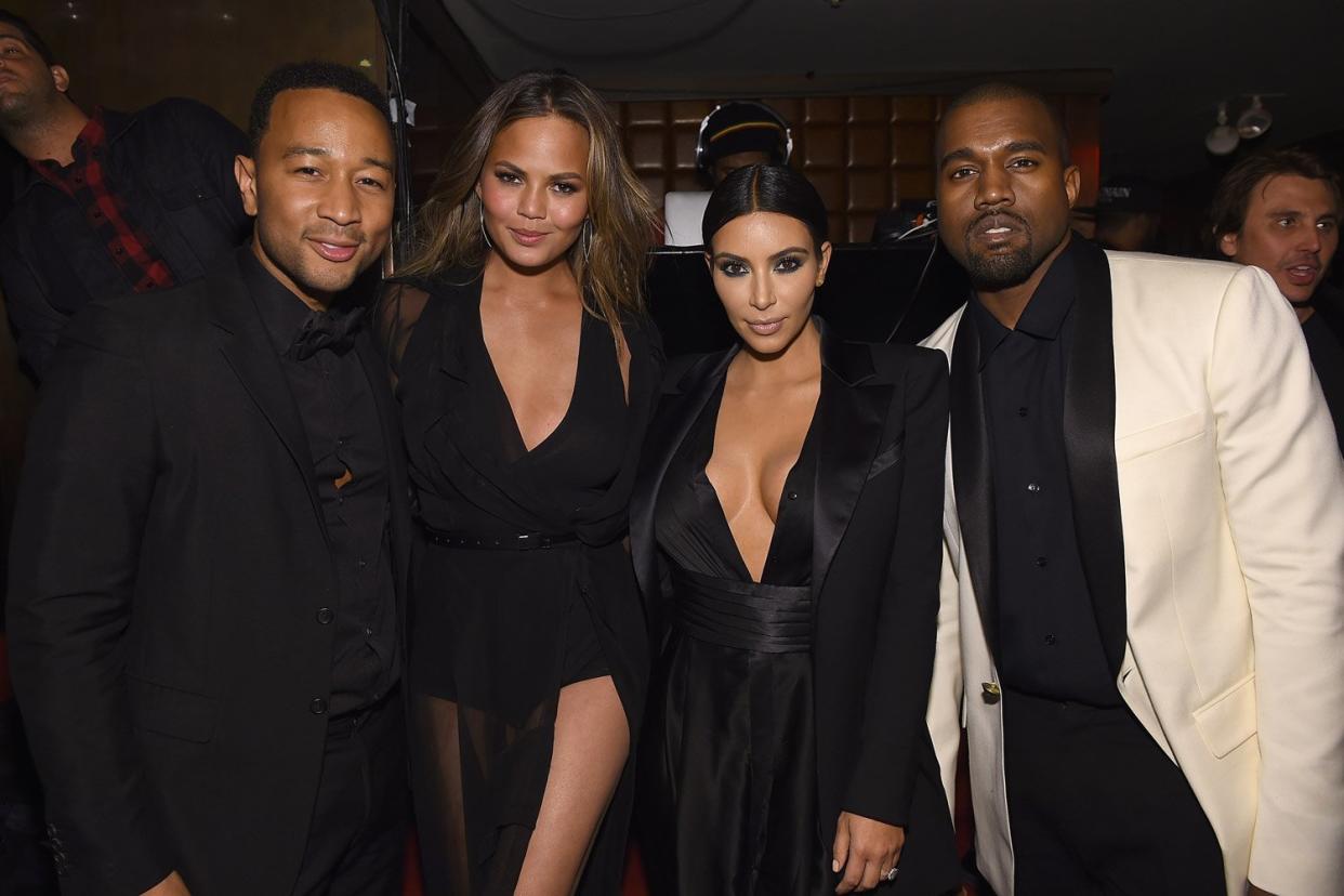 Pals: Chrissy Teigen and Kim Kardashian, along with husbands John Legend and Kanye West, have been friends for years: Dimitrios Kambouris/Getty Images for EMM Group