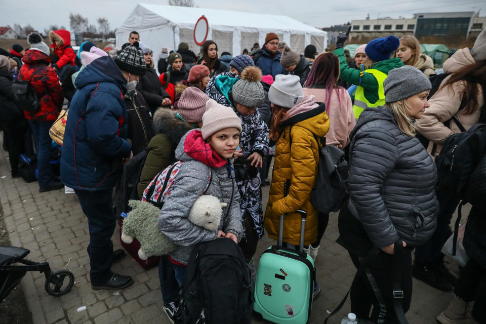 Refugees fleeing from Ukraine are seen after crossing Ukrainian-Polish border due to Russian military attack on Ukraine. Medyka, Poland on March 6th, 2022. Russian invasion of Ukraine causes a mass exodus of refugees to Poland.  (Photo by Beata Zawrzel/NurPhoto via Getty Images)