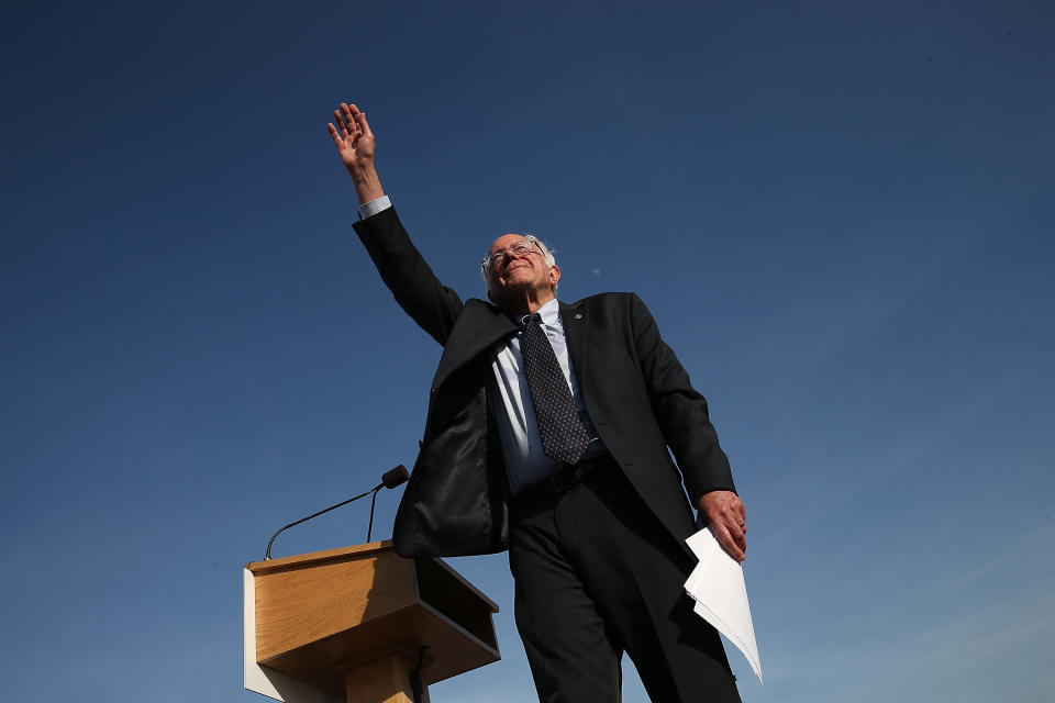 Democratic presidential candidate Sen. Bernie Sanders waves to supporters after officially announcing his candidacy for the U.S. presidency during an event at Waterfront Park on May 26, 2015 in Burlington, Vermont.
