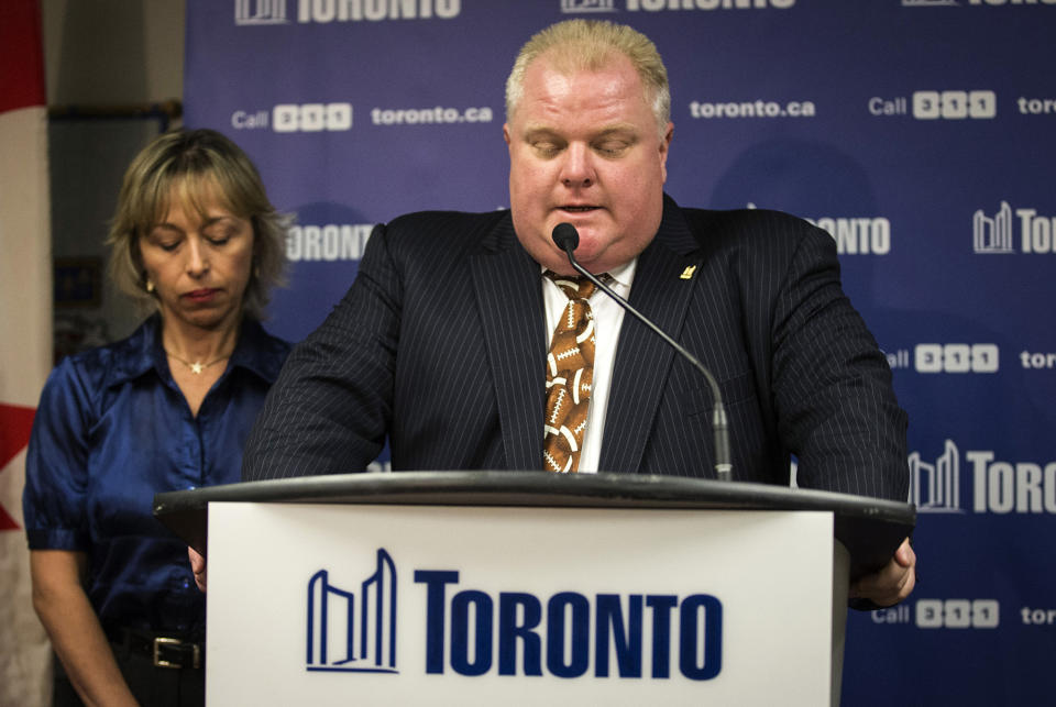 <p>Rob Ford, the 64th mayor of Toronto who became known worldwide for multiple substance abuse-related incidents, including a widely circulated video of him smoking crack, died of cancer on March 22. He was 46. — (Pictured) Toronto Mayor Rob Ford speaks at a news conference with his wife Renata (L) at City Hall in Toronto in 2013. (Mark Blinch/Reuters) </p>