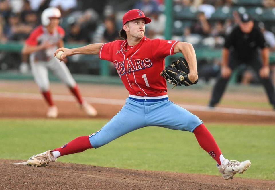 Buchanan pitcher Colton O’Toole throws against Centennial in their Central Section D-1 baseball championship game at Valley Strong Ballpark on Saturday, May 28, 2023.