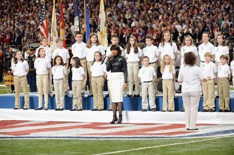 A group of 26 students from the Sandy Hook Elementary School in Newtown, Connecticut perform America the Beautiful with singer Jennifer Hudson during the Pepsi Super Bowl XLVII Pregame Show at Mercedes-Benz Superdome on February 3, 2013 in New Orleans, Louisiana. (Photo by Jeff Kravitz/FilmMagic)