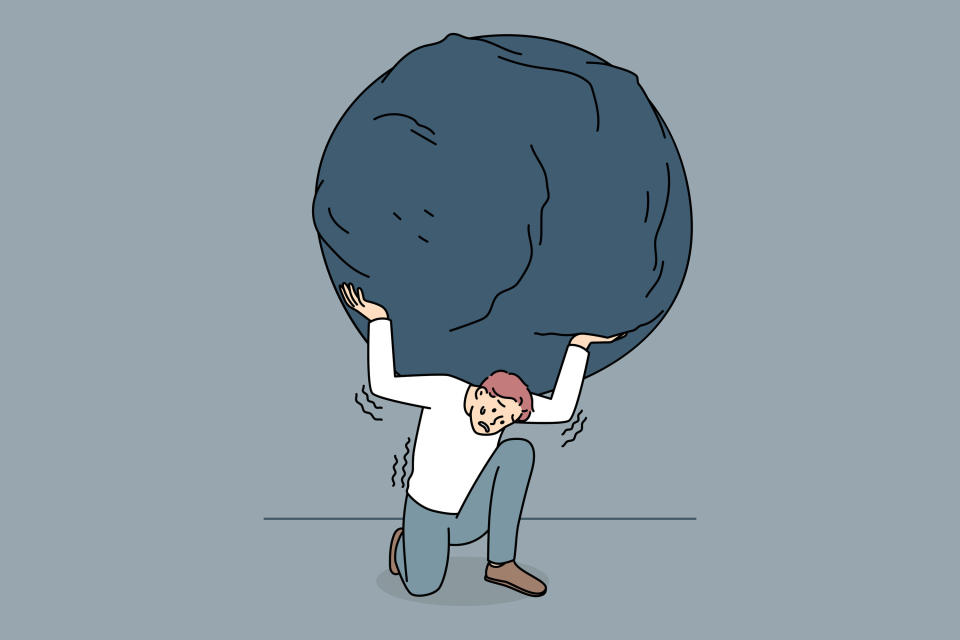 Illustration of a character carrying a heavy boulder on their shoulders